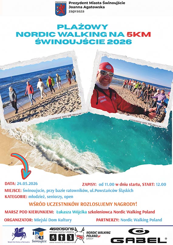 Plażowy Nordic Walking na 5km - 24 maja 2026 rok plaża wejście obok bazy ratowników ul. Powstańców Śląskich, start godz. 12.00